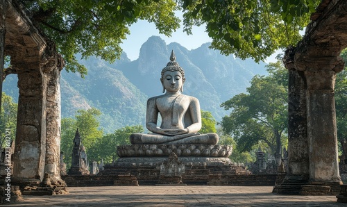 Buddha statue moments of spiritual reflection, tranquility, and the pursuit of enlightenment. The setting conveys a sense of serenity and inner peace