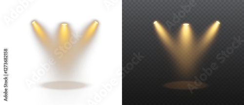 Golden spotlight shines on transparent background. Glowing light effect. Scene spotlight on stage. Spotlight PNG. Vector lights: source, studio, walls. PNG file.