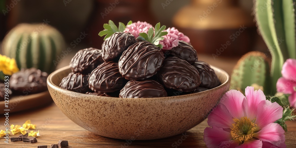Chocolate-covered treats arranged in a bowl with decorative flowers and cacti on a rustic wooden table Chocolate-covered treats arranged in a bowl with decorative flowers and cacti on a rustic wooden table