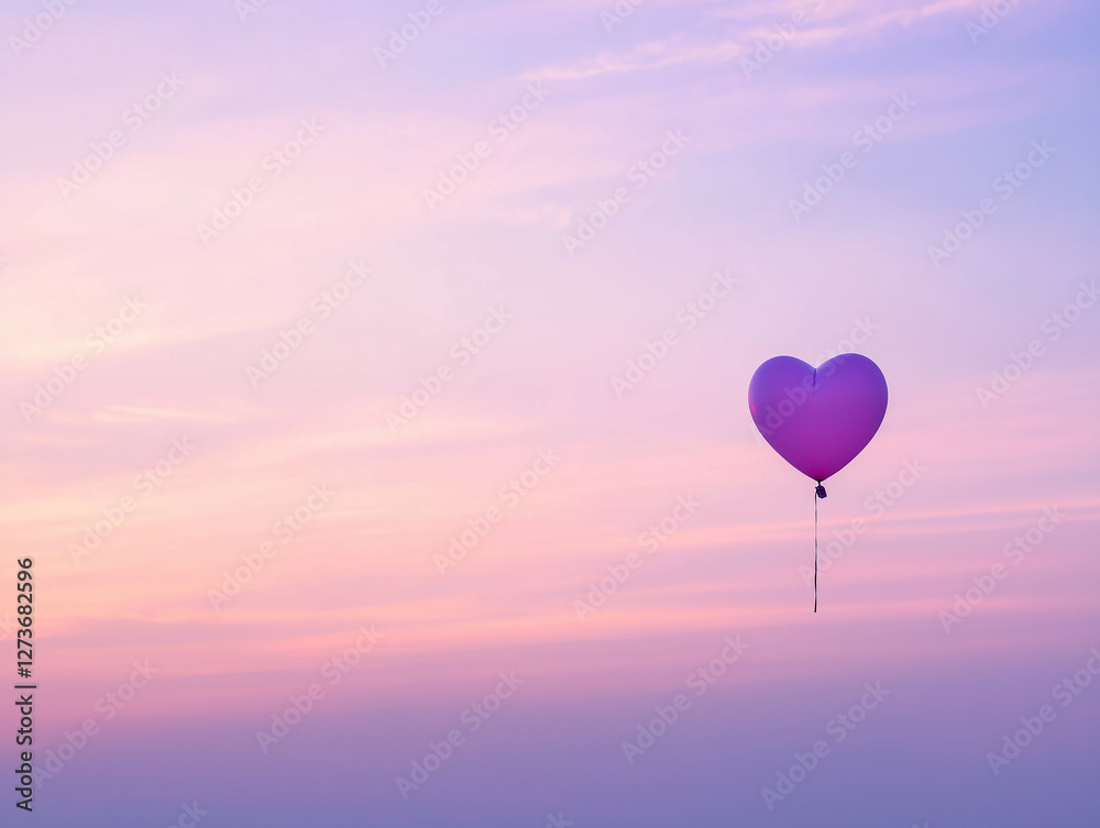 Fototapeta premium Heart-Shaped Balloon Floating Over a Serene Sunset – Soft Pink and Purple Sky