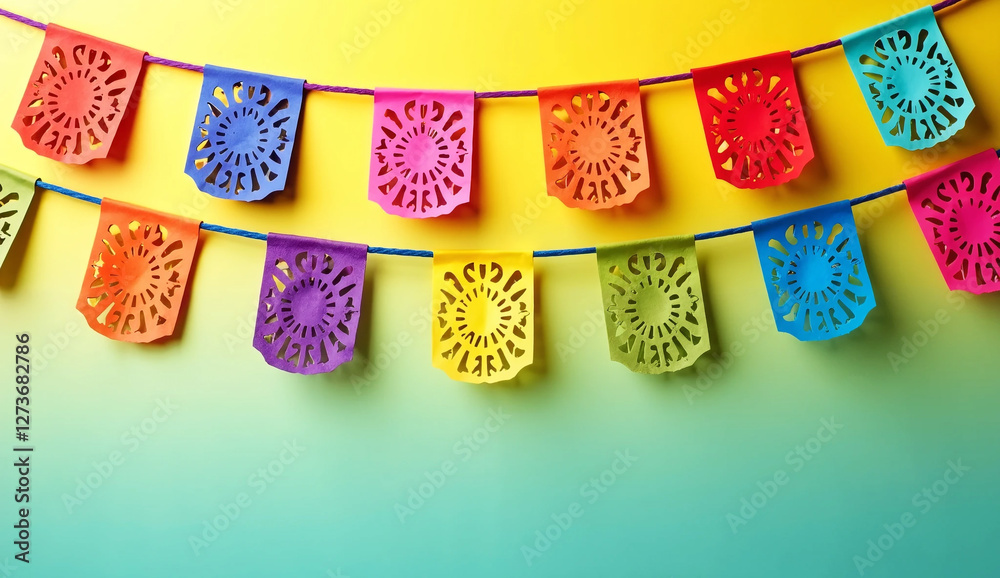 Fototapeta premium Papel picado hanging in the air ready for the Cinco de Mayo celebration