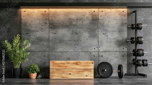 Concrete wall mockup in a contemporary gym interior with a wooden plyometric box, black weight racks, and subtle strip lighting, loft-style design, 4K ultra-realistic photo