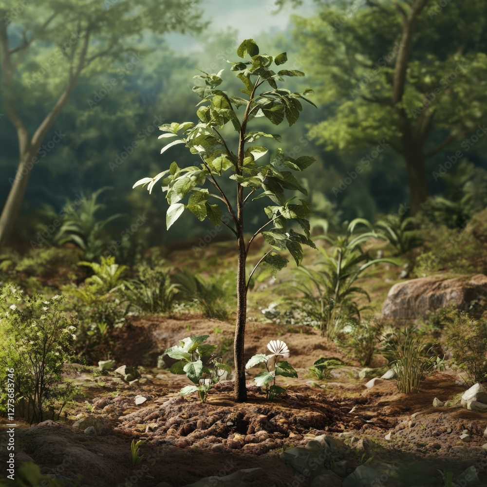 New growth a young tree stands tall amidst lush greenery in a vibrant nature scene