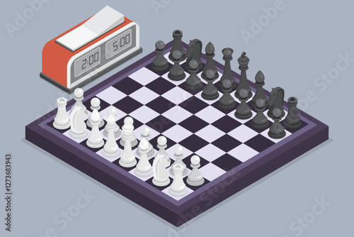 Chessboard with figures and chronometer. Chess tournament or championship concept. 3d flat isometric vector illustration on gray background.