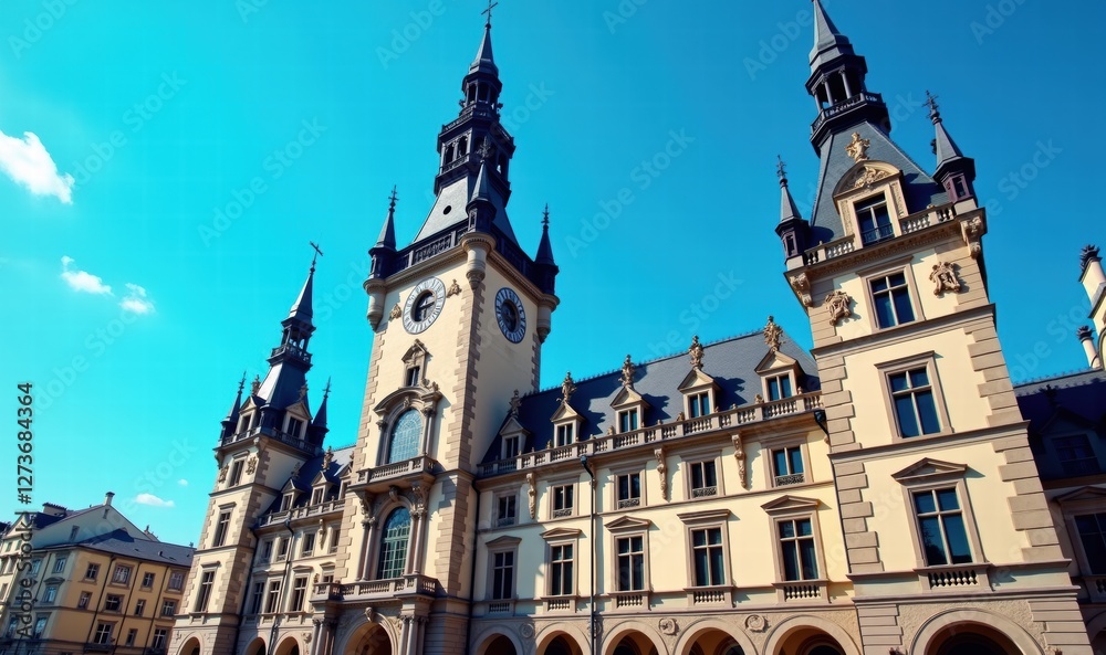 A stunning view of a historic building with intricate architecture against a bright blue sky, perfect for showcasing cultural heritage or civic pride. A stunning view of a historic building with intricate architecture against a bright blue sky, perfect for showcasing cultural heritage or civic pride.