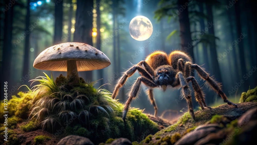 Fototapeta premium A large hairy spider approaches a mushroom in a mystical forest at night