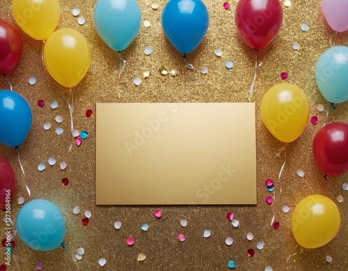 Colorful balloons surround a blank golden card on a glittery backdrop, perfect for celebration invitations.