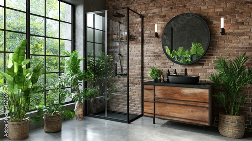 Industrial-chic bathroom with exposed brick walls, a black metal-framed glass shower, wooden vanity, and greenery in ceramic pots on a transparent background, 4K ultra-realistic photo