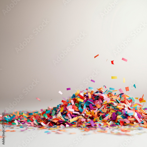 Dynamic composition of bright confetti forming eye-catching festive layout, ideal for high-energy celebrations, promotional designs, and striking retail advertising campaigns. photo