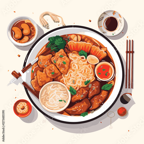 food, chinese, asian, background, restaurant, cooking, meal, design, cuisine, delicious, gourmet, dinner, dish, asia, plate, tasty, noodle, yellow, lunch, thai, traditional, vegetable, vector, table, 