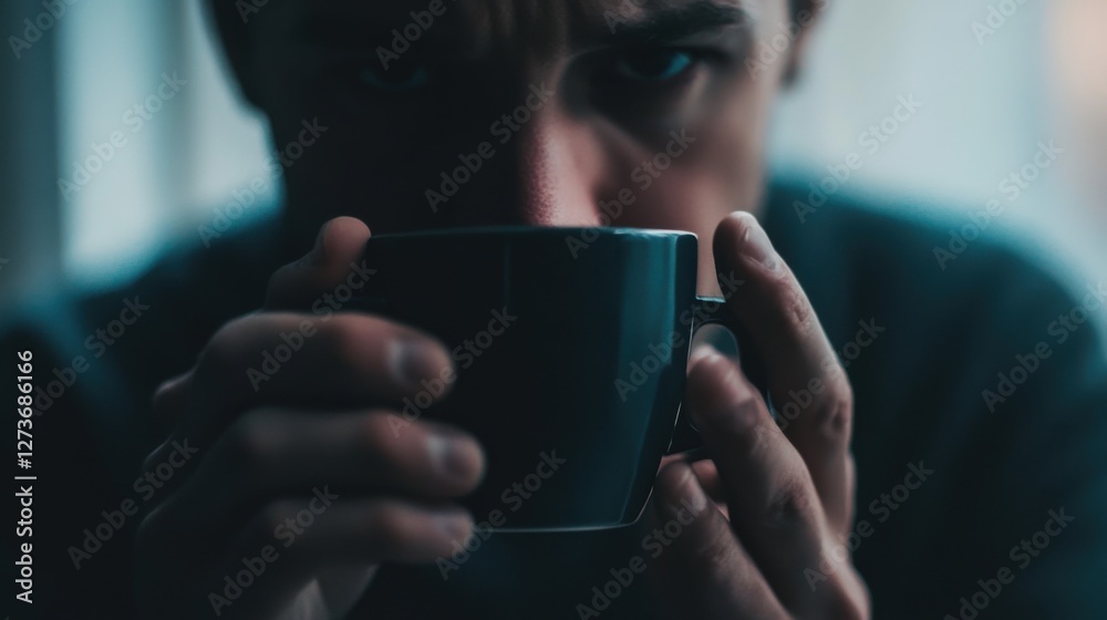 Withdrawal symptoms in a person with a cup in hand, staring at the floor. Featuring fatigue and mental strain Withdrawal symptoms in a person with a cup in hand, staring at the floor. Featuring fatigue and mental strain