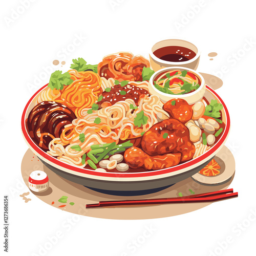 food, chinese, asian, background, restaurant, cooking, meal, design, cuisine, delicious, gourmet, dinner, dish, asia, plate, tasty, noodle, yellow, lunch, thai, traditional, vegetable, vector, table, 