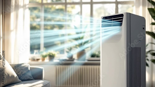 Modern portable air conditioner with cool fresh blue moving stream in living room. Summer cooling system installation. Ventilation system. Energy efficient climate control.