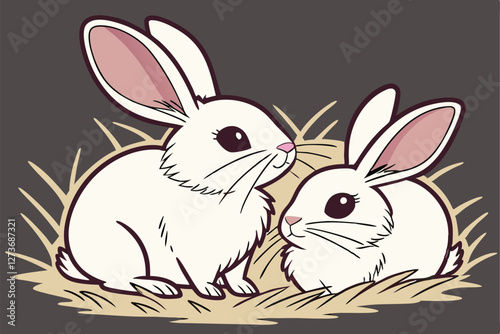  white rabbits, fluffy bunnies, pair, side by side, large ears, pink inner ears, black eyes, whiskers, soft fur, straw nest, dark background, studio lighting, symmetrical composition, Easter theme, 