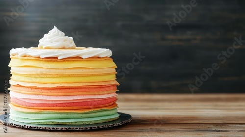 A vibrant layered cake with colorful frosting, showcasing shades of yellow, orange, and green, topped with whipped cream against a rustic wooden background.