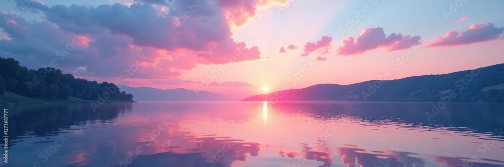 Fototapeta premium Pastel pink and blue sunset over a tranquil lake, peaceful ambiance, serene atmosphere, soothing scene