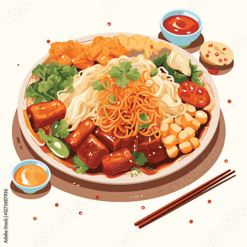 food, chinese, asian, background, restaurant, cooking, meal, design, cuisine, delicious, gourmet, dinner, dish, asia, plate, tasty, noodle, yellow, lunch, thai, traditional, vegetable, vector, table, 
