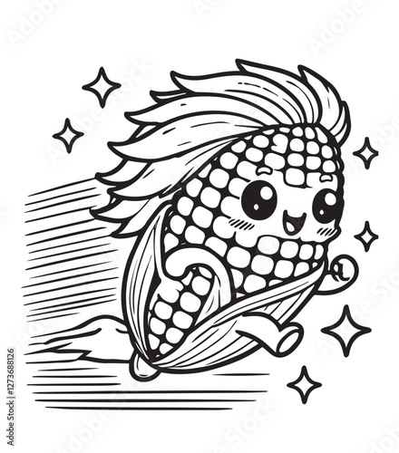 Coloring book speedy corn, streaking with motion lines and sparkling stars