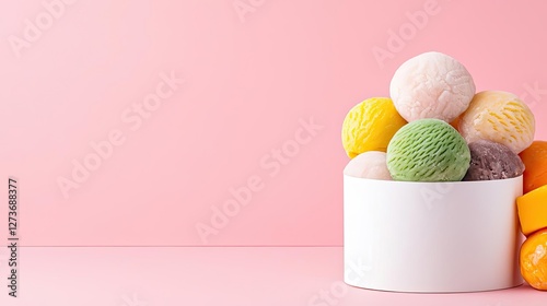 Bright and colorful assortment of ice cream scoops in a white bowl against a soft pink background, perfect for summer dessert inspiration.