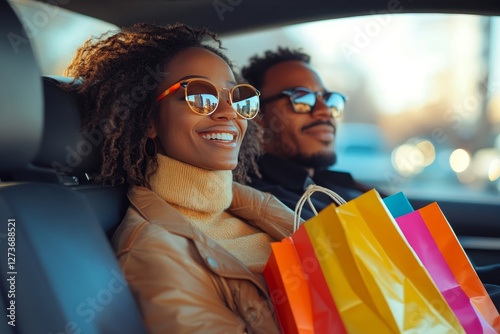 Joyful spouses sitting in car and enjoying ride after successful shopping, lady holding colorful shopper bags, looking at husband and smiling