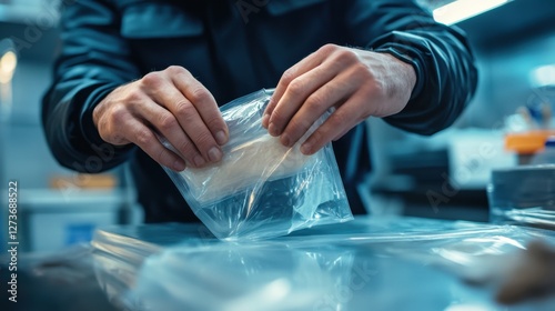 A detective placing a piece of evidence into a plastic bag. Featuring careful handling and process