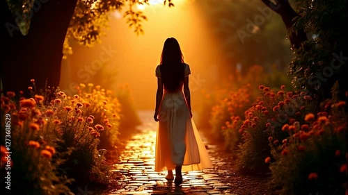 Silhouette of a Young Woman in a Long White Dress Walking Through Sunlit Flower Pathway