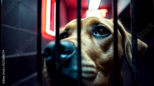 Close-Up of a Labrador Retriever Looking Through Bars in a Dimly Lit Shelter Environment