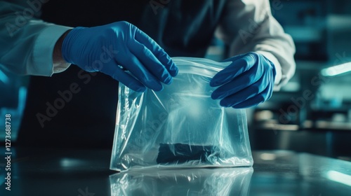A detective placing a piece of evidence into a plastic bag. Featuring careful handling and process