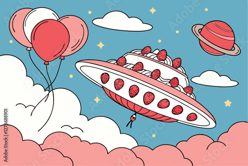 S urreal giant UFO made of cake, fluffy white and red clouds, pink and red balloons, blue sky, whimsical, dream-like, hyper-realistic, cinematic lighting, 8K resolution, digital art, saturated color