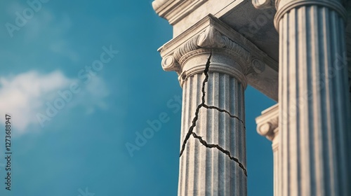 Close-up view of a weathered column with cracks, symbolizing the passage of time and architectural decay against a vibrant blue sky.