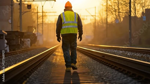 A railway worker walking along a train track with safety gear, illuminated by the morning sun.
