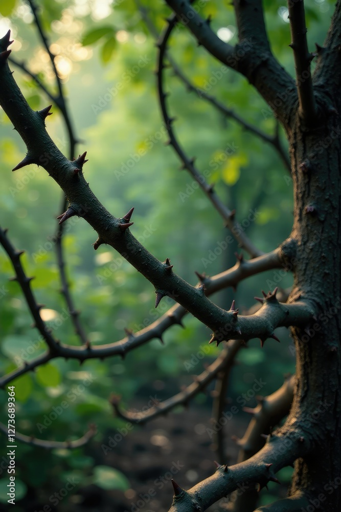 Dense thorny branches intertwined with tree limbs, nature, thorny bushes