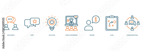 Meeting banner web icon vector illustration for business meeting and discussion with communications, topics, solutions, plan, inform and video conference icon