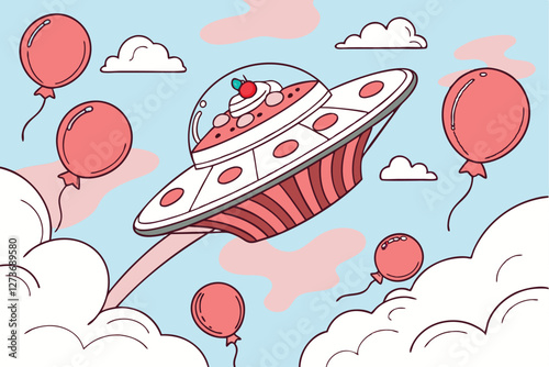 S urreal giant UFO made of cake, fluffy white and red clouds, pink and red balloons, blue sky, whimsical, dream-like, hyper-realistic, cinematic lighting, 8K resolution, digital art, saturated color