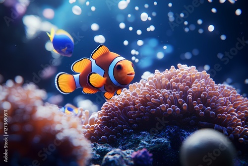 A vibrant coral reef teeming with life, from clownfish darting among anemones to bright starfish resting on rocks photo