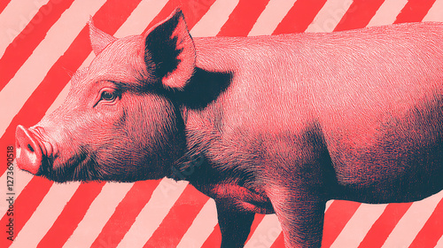 Vibrant pig illustration on bold striped background graphic art digital design modern style creative concept