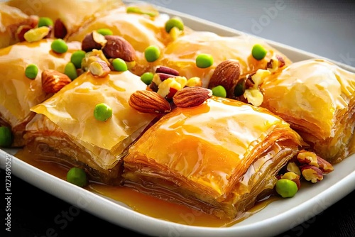 Delicious baklava dessert with layers of flaky pastry, honey syrup, nuts, and vibrant green pistachios, presented on a white plate.