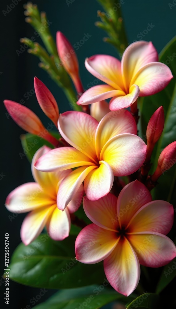 Frangipani flowers in a bouquet with other tropical flowers, greenery, bouquet, arrangement Frangipani flowers in a bouquet with other tropical flowers, greenery, bouquet, arrangement