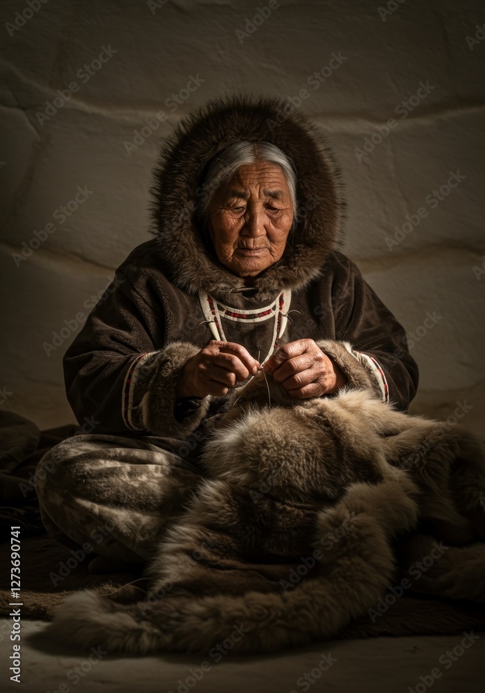 Fototapeta premium Elderly Inuit Woman Sewing – Traditional Arctic Life Portrait