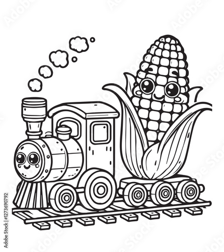Coloring book happy corn cob rides a cute steam train