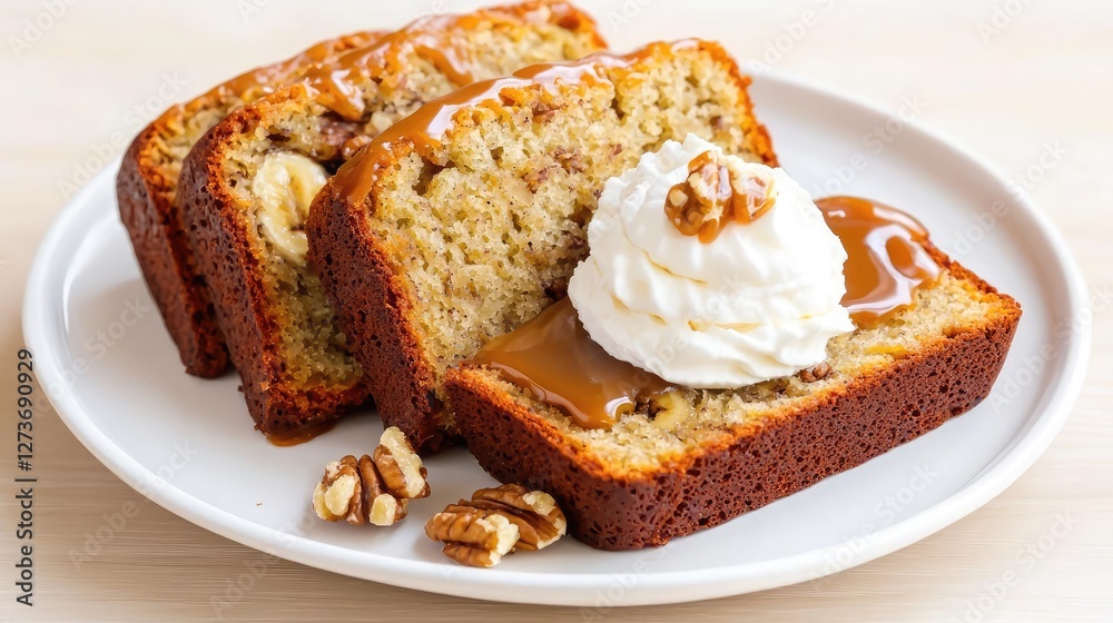 Delicious banana bread slices topped with cream and caramel sauce, served on a plate with nuts. Perfect for dessert or a sweet treat. Delicious banana bread slices topped with cream and caramel sauce, served on a plate with nuts. Perfect for dessert or a sweet treat.