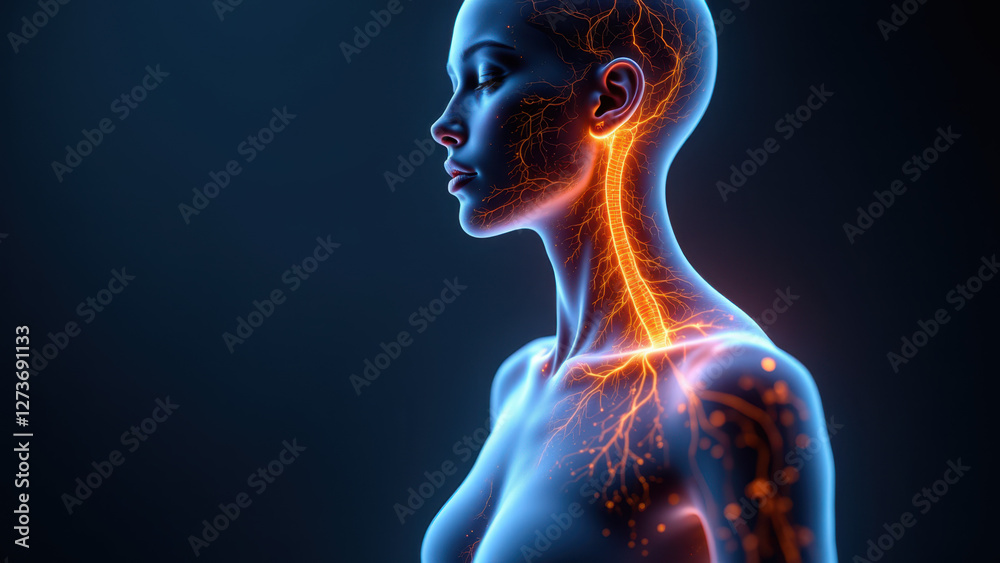 VNS - A vivid illustration of a human head with Vagus Nerve Stimulation activity visualized through blue lightning-like effects on the neck and shoulders. VNS - A vivid illustration of a human head with Vagus Nerve Stimulation activity visualized through blue lightning-like effects on the neck and shoulders.