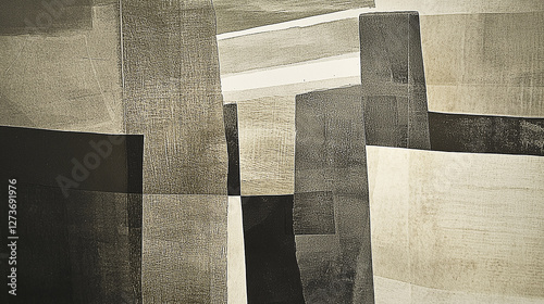 Abstract monochrome artwork featuring geometric shapes and textures, creating a modern aesthetic