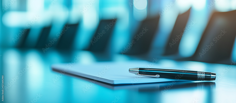 Fototapeta premium Notepad on a table with pen before meeting, blue tone, business concept with copy space