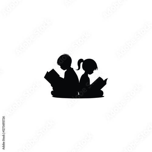 Boy and girl sitting and reading books. Silhouette of a boy and girl reading. 