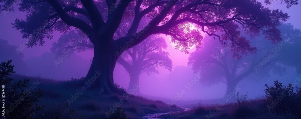 Fototapeta premium Mysterious purple fog swirling around ancient trees, nature, ancient