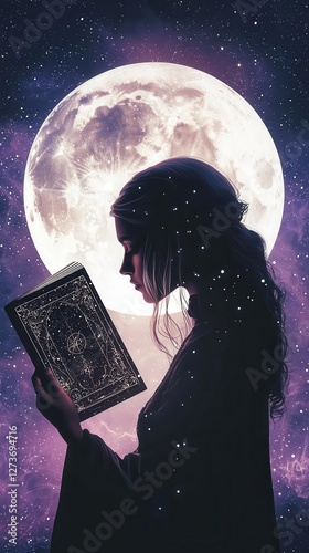 The High Priestess tarot card, a celestial oracle veiled in cosmic mist, holding an ancient grimoire under a glowing full moon, symbolizing intuition and mystery