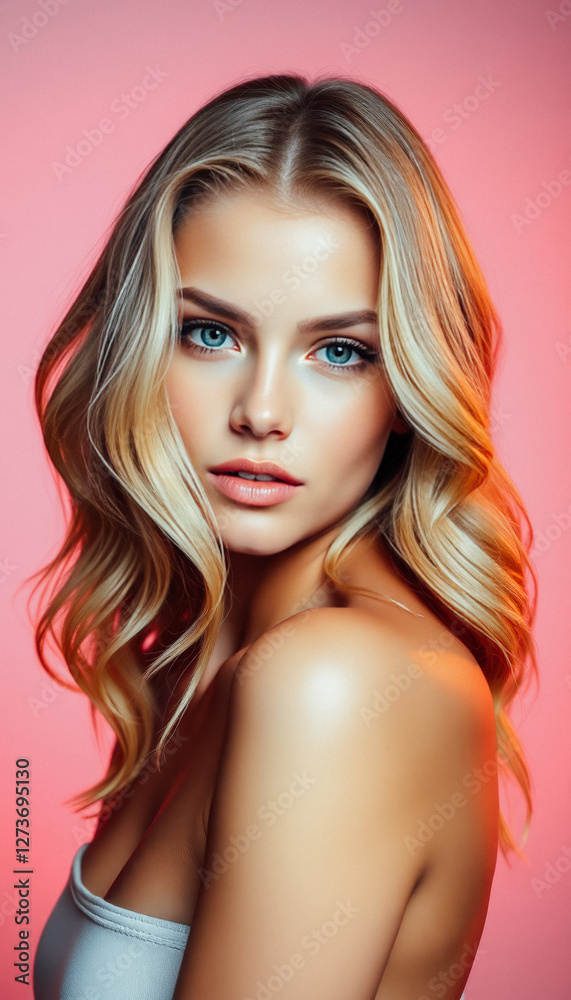 Beautiful blonde woman with blue eyes and wavy hair posing against a soft pink background. Beautiful blonde woman with blue eyes and wavy hair posing against a soft pink background.