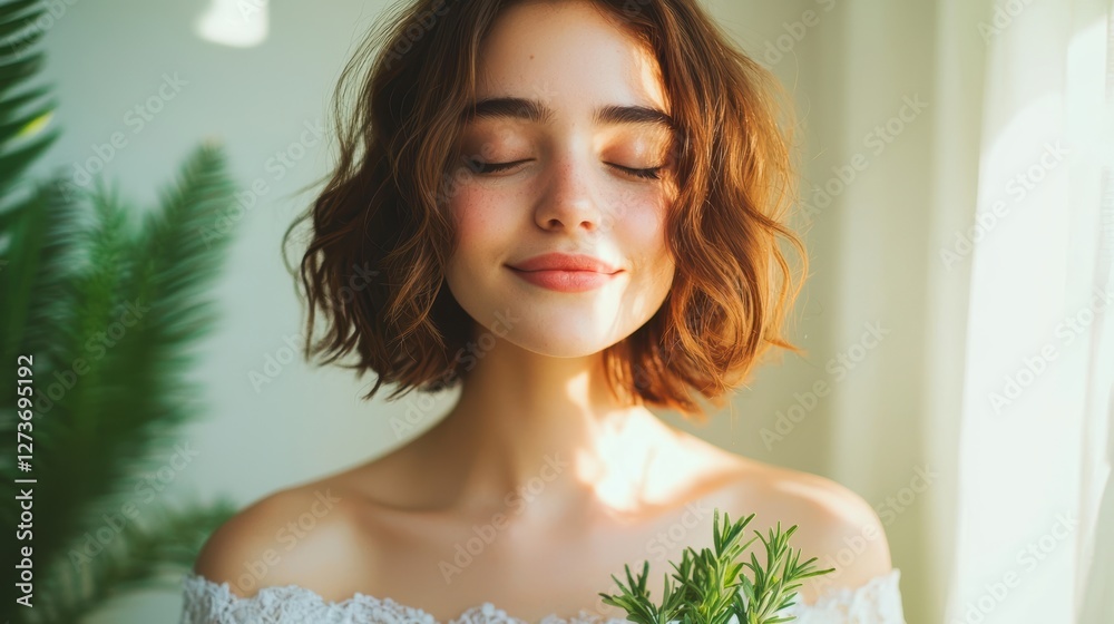 Young Woman with Textured Hair Holding Green Plant in Bright Natural Light at Home Young Woman with Textured Hair Holding Green Plant in Bright Natural Light at Home