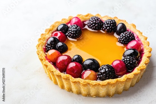 Delicious fruit tart with a golden crust, filled with a smooth custard base and topped with a vibrant array of fresh berries on a light background.